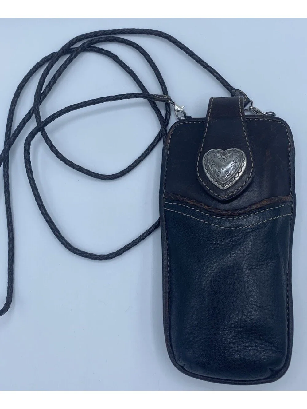 Vg BRIGHTON Black / Brown Leather Glasses Sunglasses Case w Braided Strap Heart